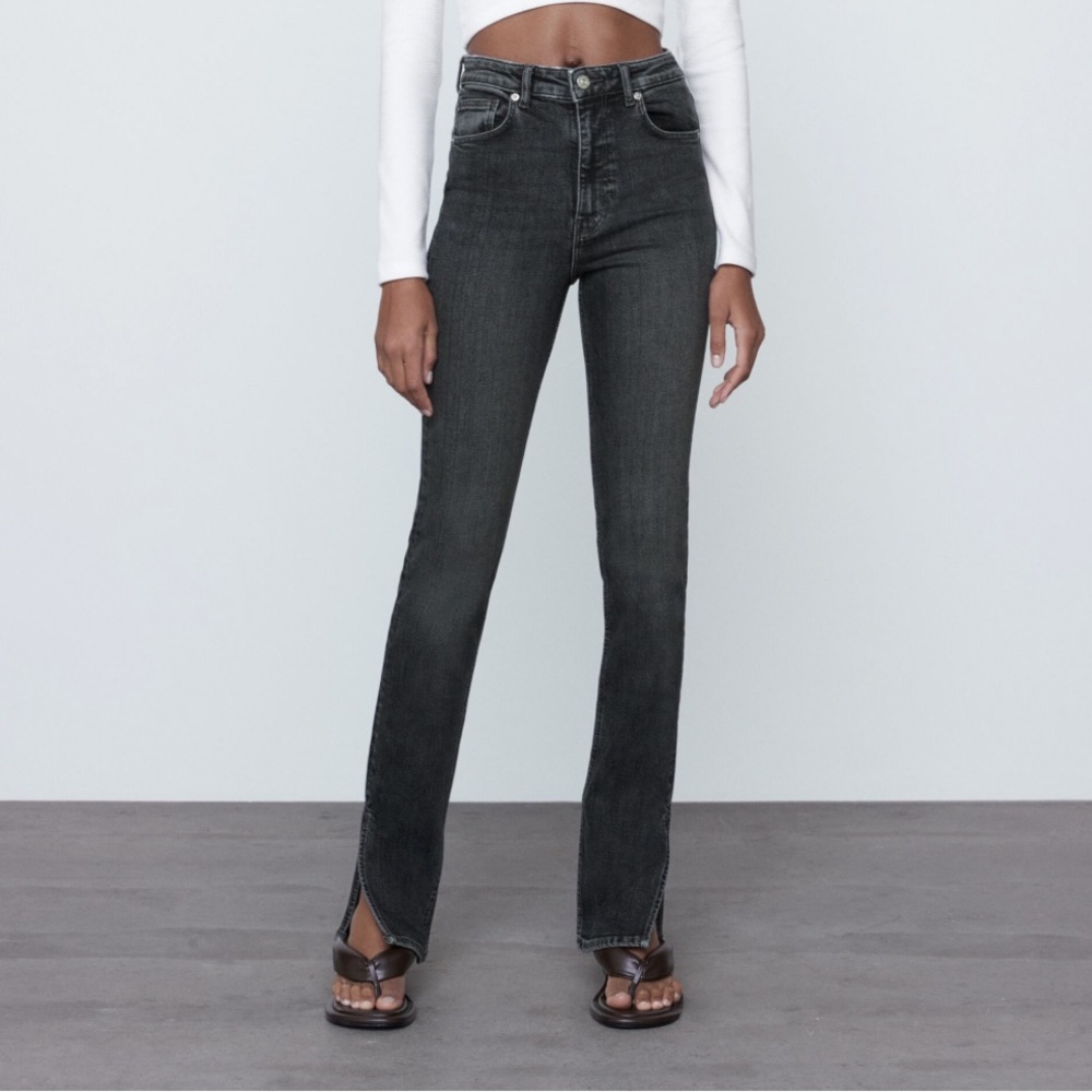 Zara high rise split hem skinny jeans washed grey black color size 4